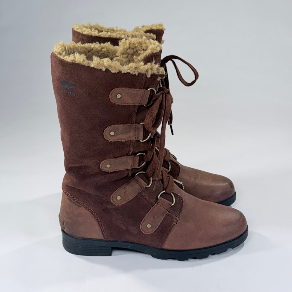 Sorel Emelie Tall Winter Boot Womens 10 Brown Leather Suede Waterproof Shearling